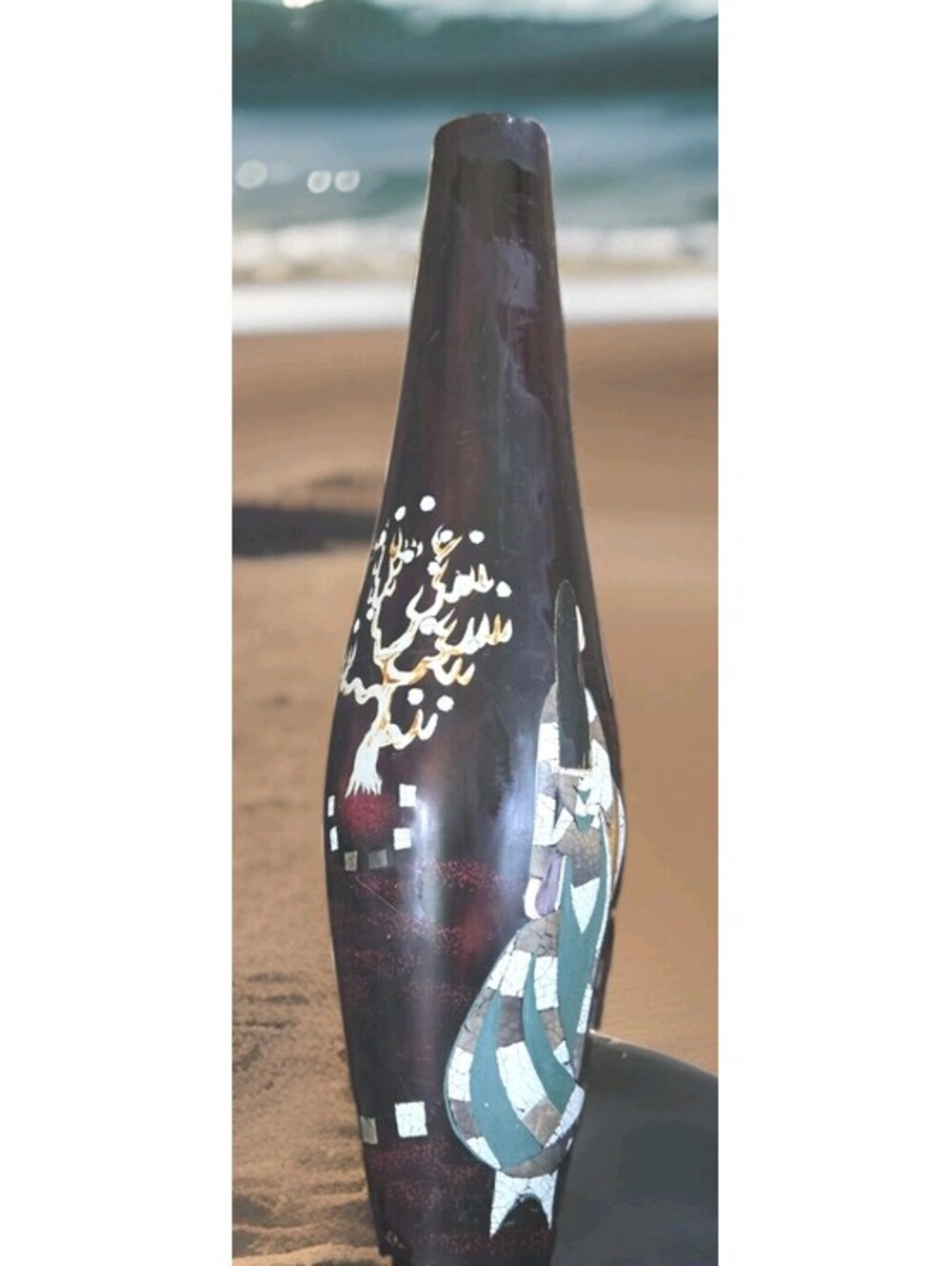 Chinoiserie Style Vase 13"Tx4W" Black Ceramic Mosaic Appeararing Painted Inlay